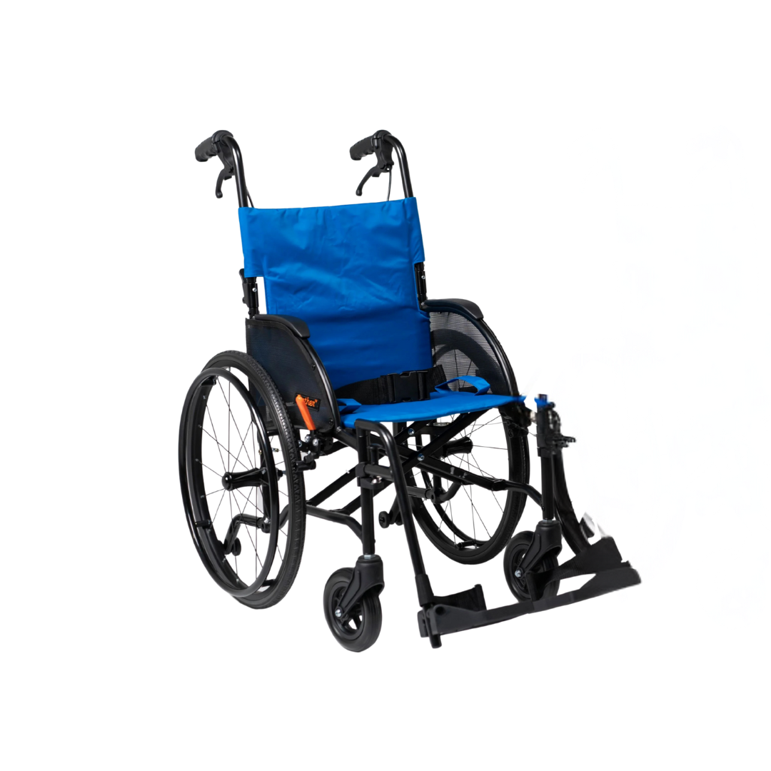 The Feather Kids Wheelchair - Ultralite with Quick-Release Wheels is a blue, lightweight kids' wheelchair featuring black armrests, large rear wheels, small front wheels, and elevated footrests, shown on a white background.